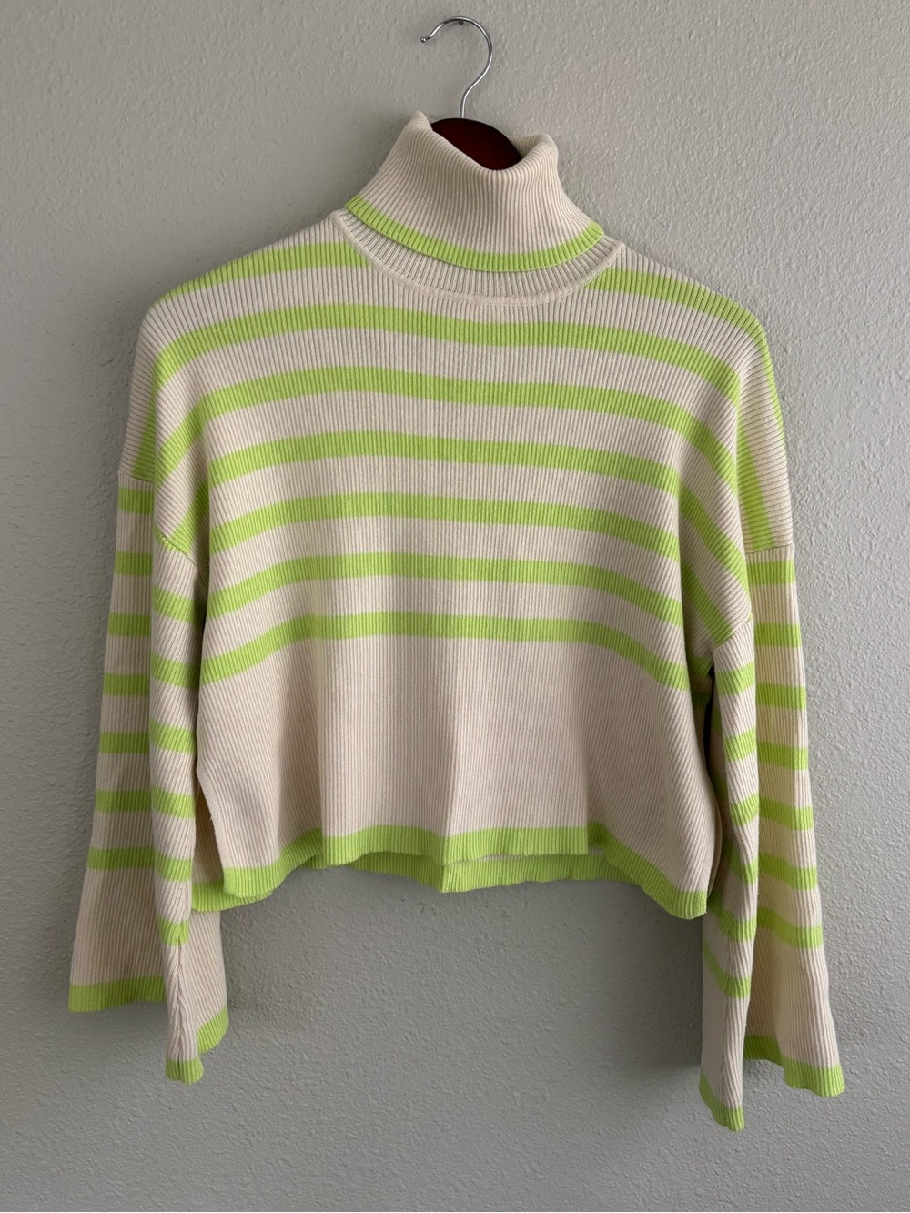 Striped Crop Turtleneck Sweater in Cream & Lime